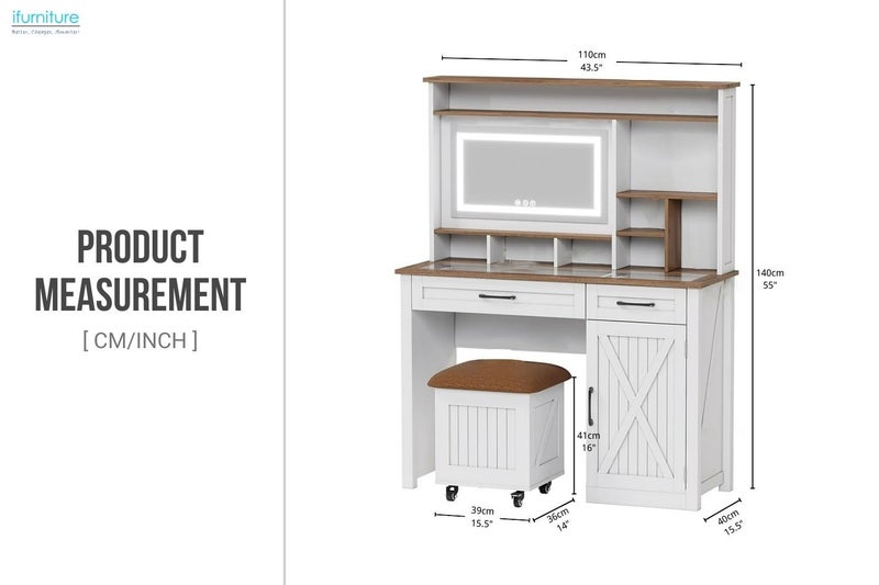 DAPHNE Tempered Glass Top Dressing Table with LED Mirror & Swivel Storage Stool Carousel 2