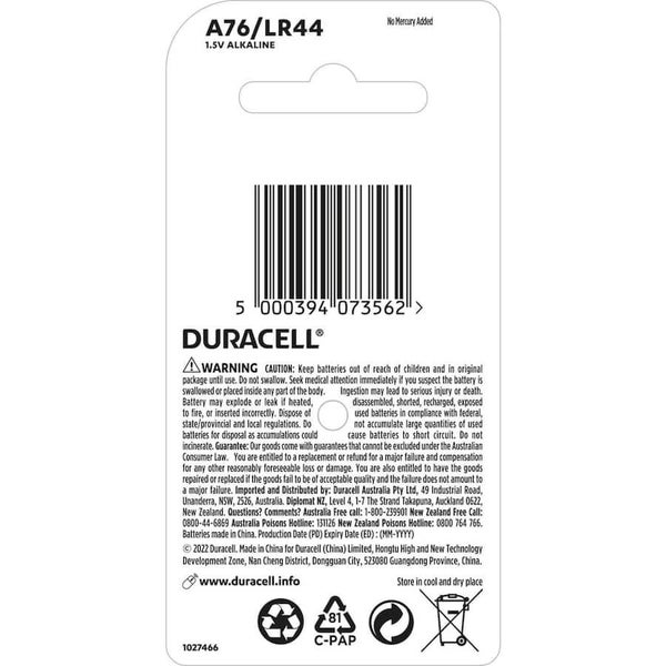 Duracell Batteries 1.5v Alkaline Lr44 Carousel 2