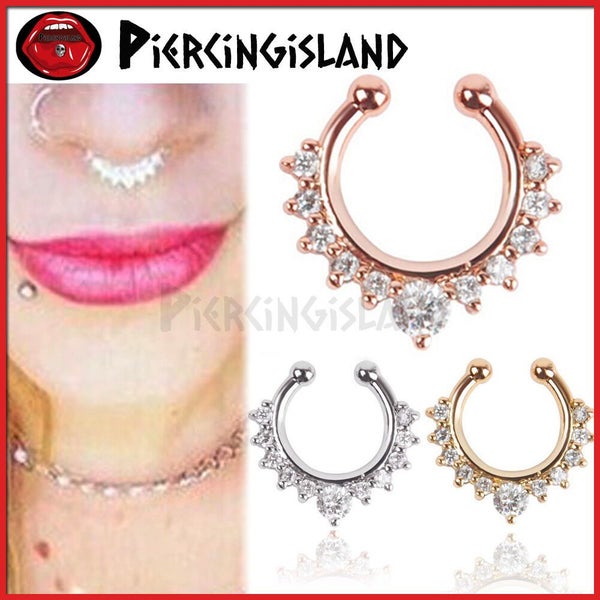Gem Diamond Fake Clip On Septum Clicker Nose Hanger Ring Piercing Jewellery Gift Carousel 1