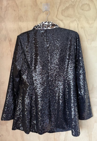 Augustine Black Sequin Blazer with Leather Animal Print Collar Size L Carousel 2