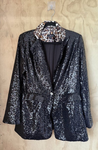 Augustine Black Sequin Blazer with Leather Animal Print Collar Size L Carousel 1
