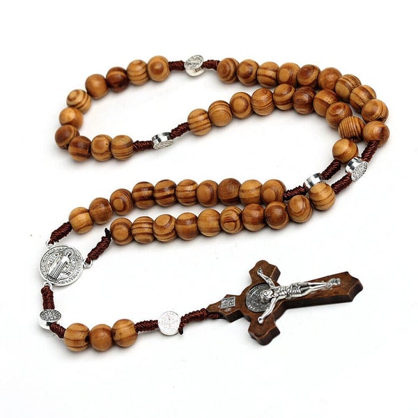 Brown Wood With Cross Religious ROSARY Beads Necklace With Crucifix Pendant Gift Carousel 1