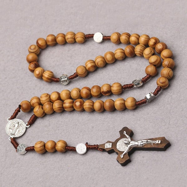 Brown Wood With Cross Religious ROSARY Beads Necklace With Crucifix Pendant Gift Carousel 2