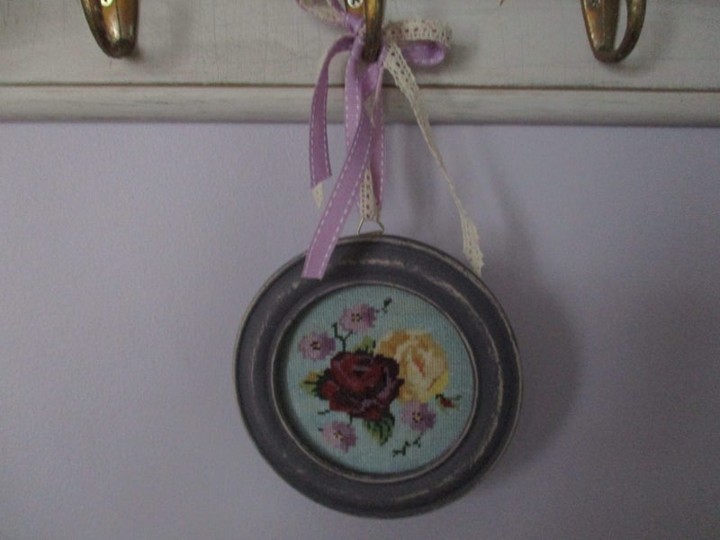 Small Pretty Petit Point Cross-stitch in Wee Hanging Frame Carousel 1