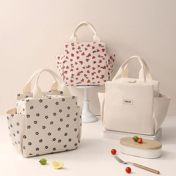 Corduroy Lunch Bag Thermal Insulation Lunch Box Storage Handbag Multifunction... Carousel 2