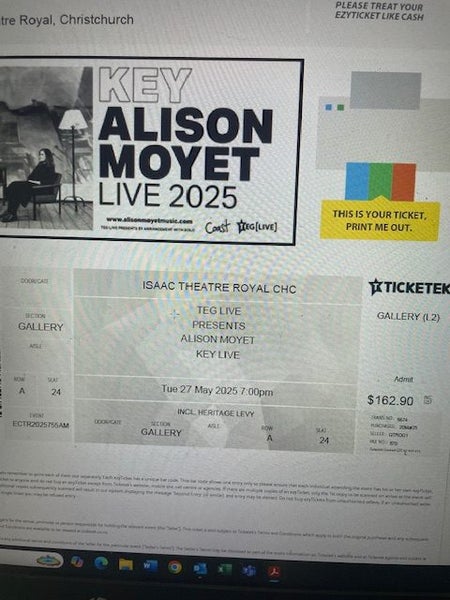 2 x ALISON MOYET TICKETS - CHRISTCHURCH Carousel 2