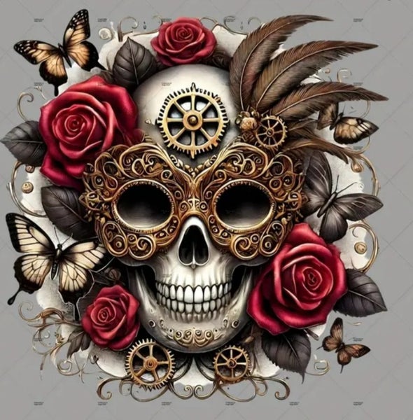 Steampunk Skull with Roses Iron On Decal Carousel 1