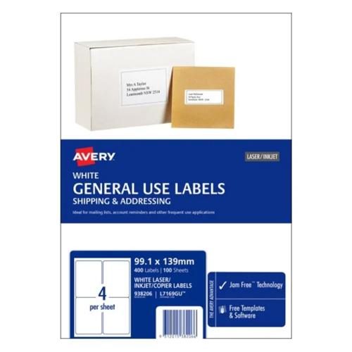 AVERY 938206 L7169 General Use Labels A4 4 Labels/Sheet - 100 Sheets 99.1 x 139 Carousel 1