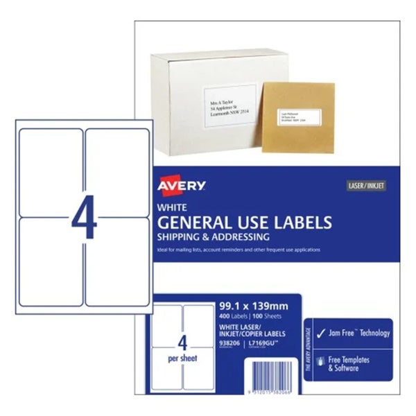 AVERY 938206 L7169 General Use Labels A4 4 Labels/Sheet - 100 Sheets 99.1 x 139 Carousel 2