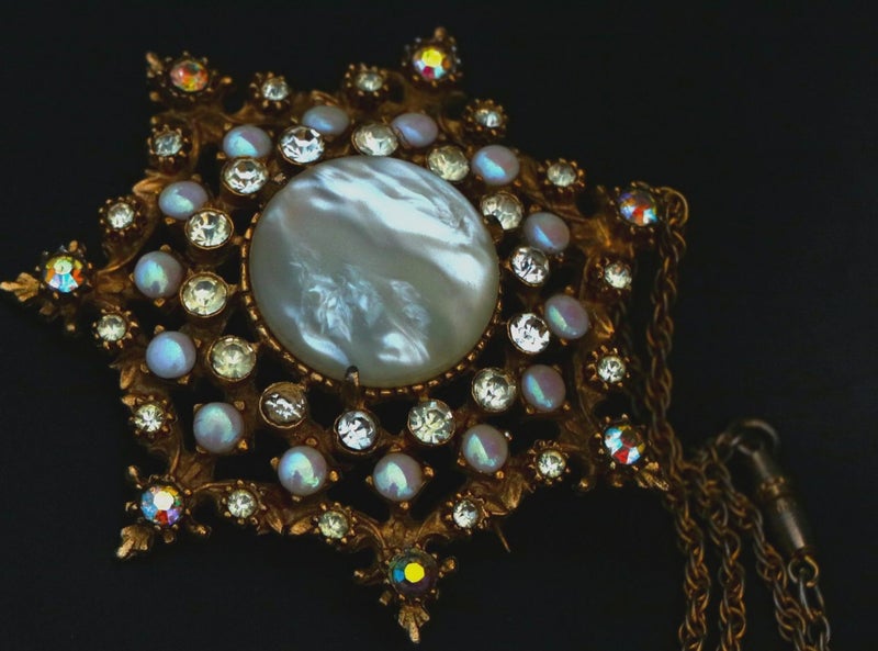 Vintage 50s 60s Signed Florenza Brooch Pendant Necklace Irridescent Star Cluster Carousel 2