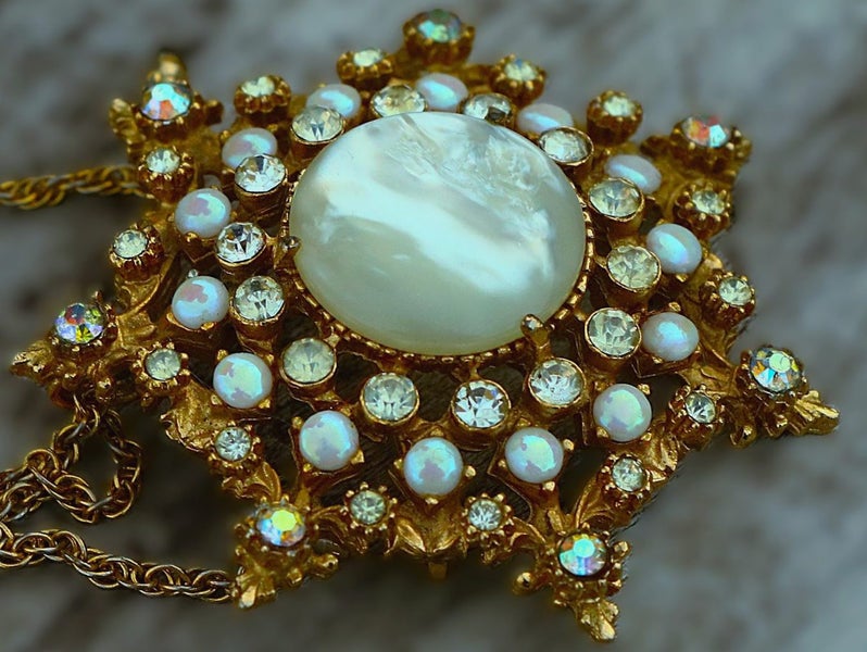 Vintage 50s 60s Signed Florenza Brooch Pendant Necklace Irridescent Star Cluster Carousel 1