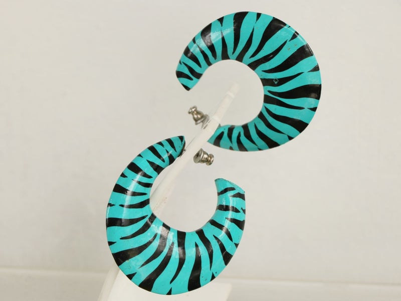 Funky 80s 90s New Old Stock blue Zebra Stripe Hoops Stud Earrings Carousel 1