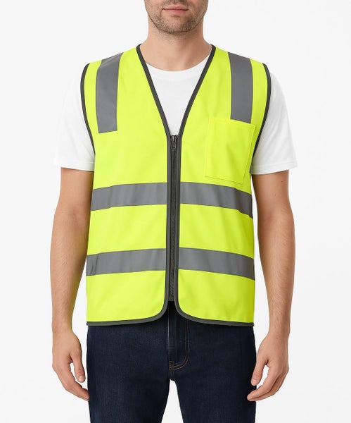 Hi Vis Safety Vest Reflective Tape Zip Up Workwear Pocket High Visibility in ... Carousel 1