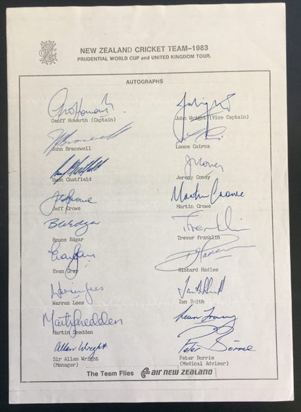 Signed 1983 New Zealand Tour United Kingdom & World Cup Cricket Team Sheet Carousel 1