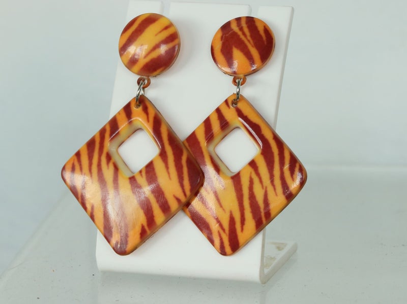 Funky 80s 90s New Old Stock Laminated Plastic Tiger Print Earrings Carousel 1