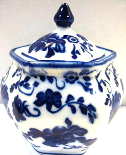 Temple Jar, Hexagonal, White, blue floral design. Carousel 1
