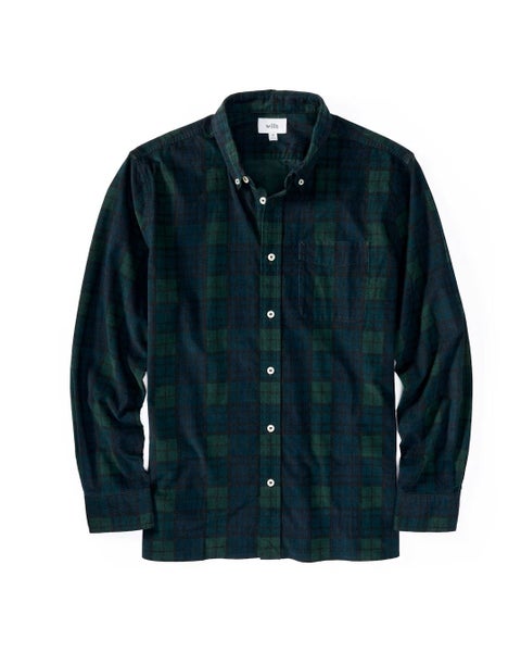 NWOT: WILLS Fine Corduroy Shirt in Black Watch Plaid (Huckberry) Carousel 1