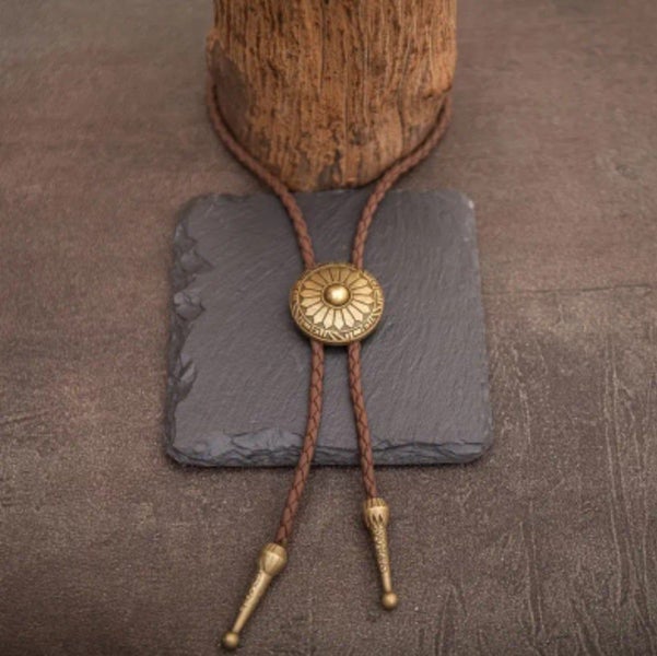 Mens Western Cowboy Brown Necklace Country Outback Retro Bolo Tie PU Leather Carousel 1