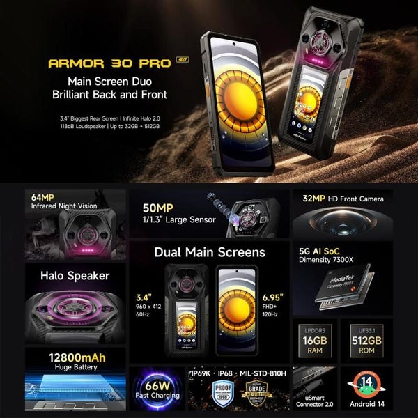 Ulefone Armor 30 Pro Rugged Phone 16GB+512GB 12800mAh Night Vision Android 14 5G62863233094786112