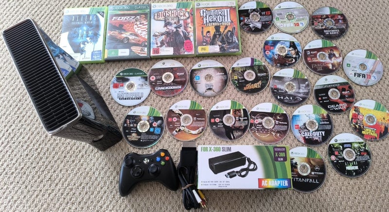 Xbox 360 Slim 250gb Glossy controller cords and large bundle of games x22 Carousel 1