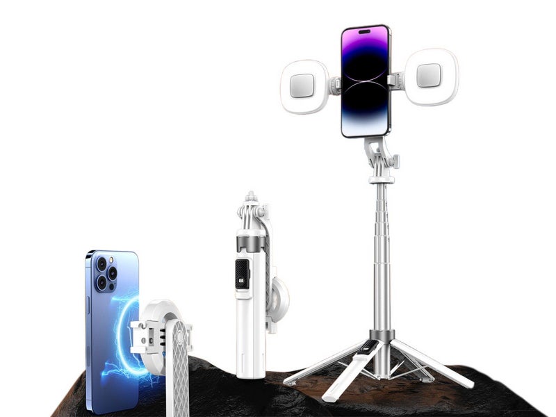 Phone Tripod Selfie Stick with Wireless Remote Control and Fill Light White Carousel 1