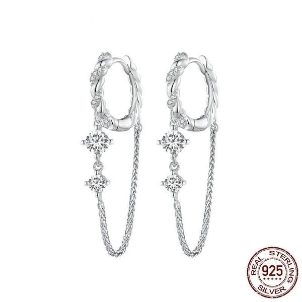 925 Sterling Silver Exquisite Zircon Ear Buckles Tassel Drop Earrings for Women Carousel 1