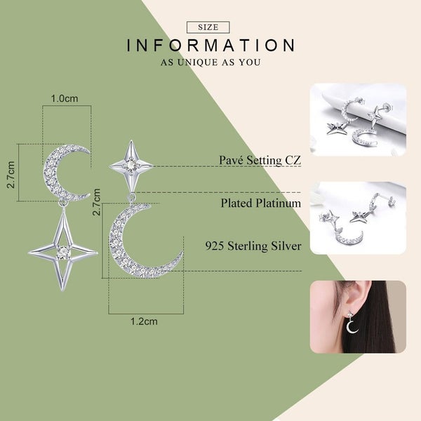 925 Sterling Silver Moon & Star Dangle Earrings for Women Carousel 2