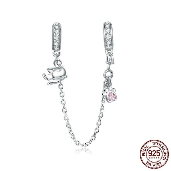 Silver 925 Jewelry Kitty Cat Safety Chain Charm Fit For 3Mm Snake Bracelet & ... Carousel 1