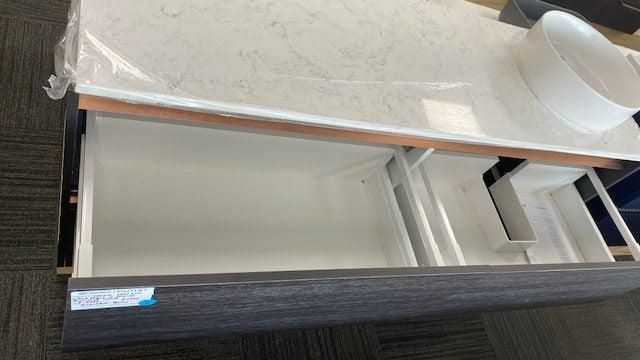 1500 SAHARA WALL HUNG RIGHT OFFSET SINGLE BASIN 4 DRAW VANITY IN BURNISHED WOOD Carousel 2