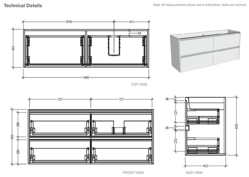 1500 SAHARA WALL HUNG RIGHT OFFSET SINGLE BASIN 4 DRAW VANITY IN BURNISHED WOOD Carousel 4