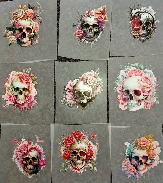 9pce Designer Skull Iron On Transfers with Roses Carousel 1