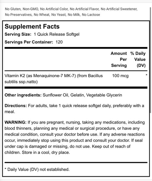 VITAMIN K2 MK7 100 mcg 120 Softgels - ULTRA STRENGTH - E0327 Carousel 2