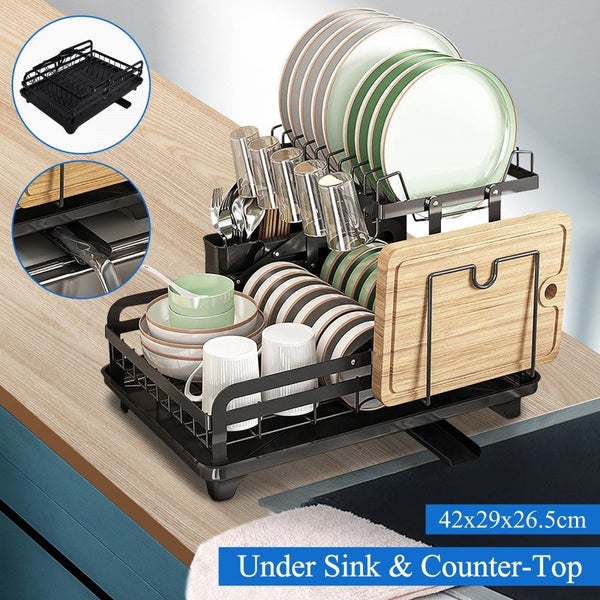 2-Tier Foldable Kitchen Organiser Dish Bowl Drying Rack Carousel 1