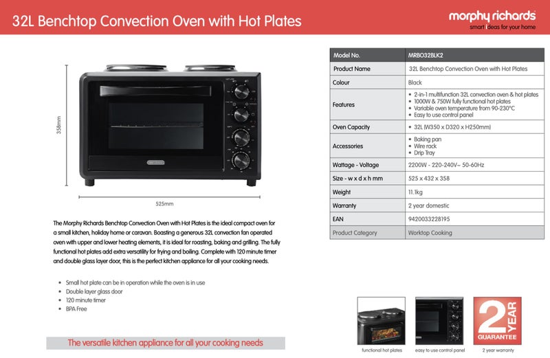 Morphy Richards Benchtop Convection Oven w/ Hot Plates Carousel 7