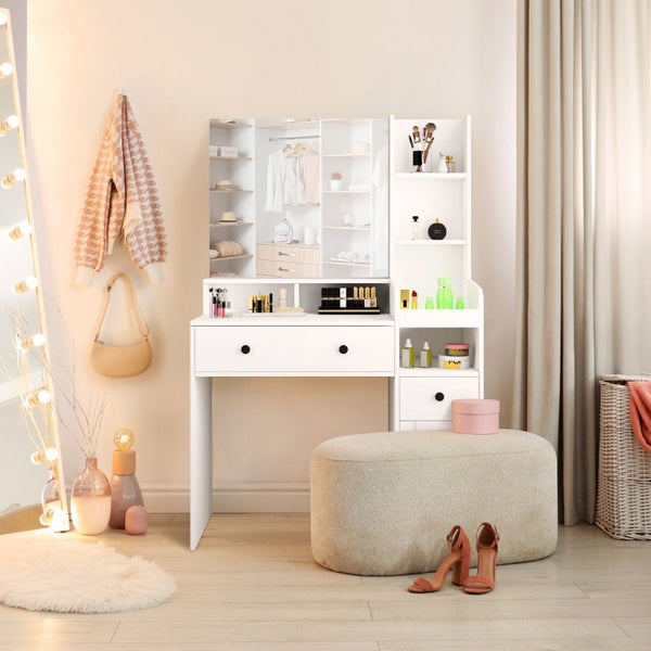 Dressing Table Vanity Mirror Dresser Makeup Desk With Drawers Storage 4 Shelves Carousel 1