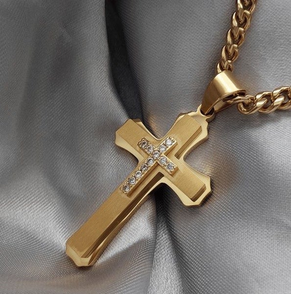 Men's 18k Gold-Filled Cross Chain with Iced Out Detailing - SALE! Carousel 1