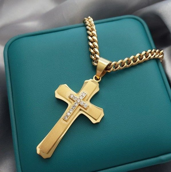 Men's 18k Gold-Filled Cross Chain with Iced Out Detailing - SALE! Carousel 2