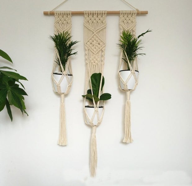 Triple Plant Pot Hanger Macrame Boho Wall Tapestry Hanging I0776BG0 Carousel 2