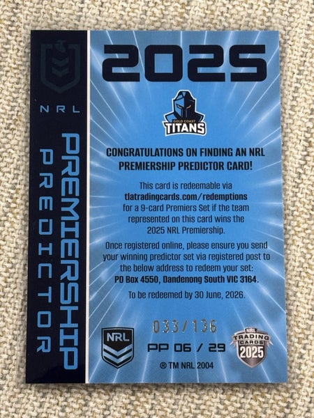 2025 TRADERS - PREMIERSHIP PREDICTOR PP6 GOLD COAST TITANS RARE!! /136 Carousel 2