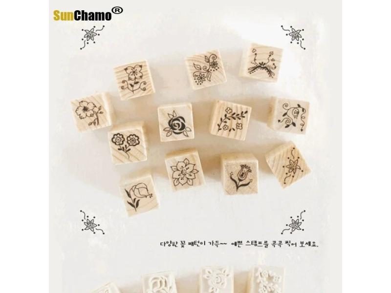 12pc/Box Mini Wooden Rubber Stamps South Korea DIY Seal Matchbox Girl Flower Carousel 2