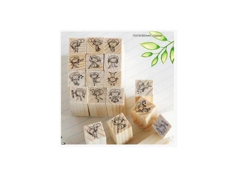 12pc/Box Mini Wooden Rubber Stamps South Korea DIY Seal Matchbox Girl Flower Carousel 1