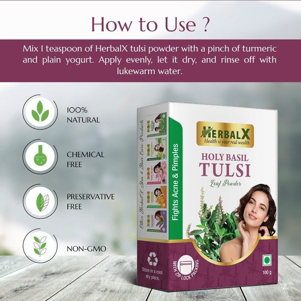 HerbalX Holy Basil / Tulsi Leaves Powder | Fights Acne & Pimples - 100g Carousel 1