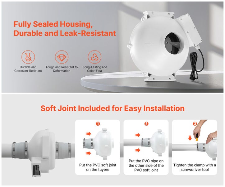 4" to 3.5" Radon Mitigation Fan System Kit Quiet 260 CFM Inline Duct Fan Carousel 15
