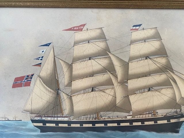 Old Large Watercolour of a Tall Sailing Ship Carousel 3