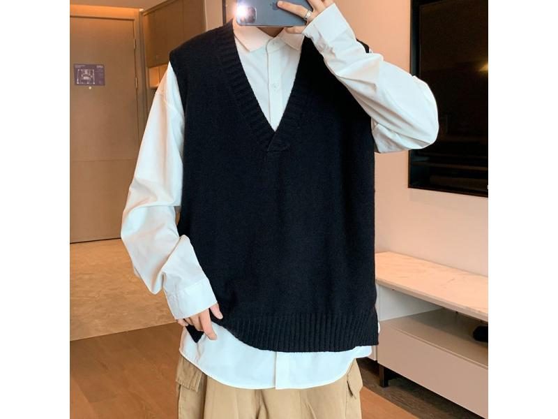 Solid Men's V-neck Loose Basic Knitting Jumpers Harajuku Sleeveless Carousel 1