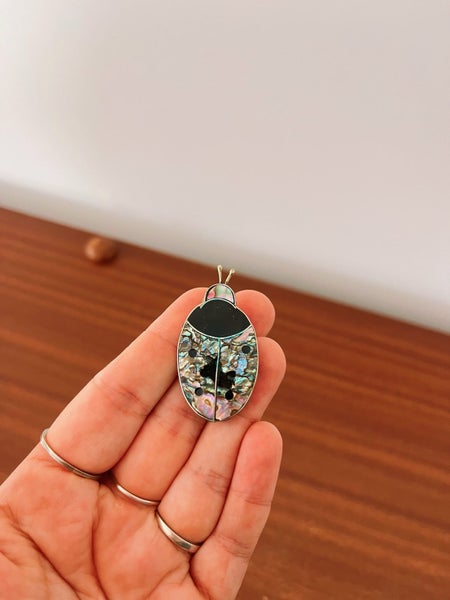 Vintage Alpaca Silver Mexico Abalone Ladybug Brooch Carousel 1