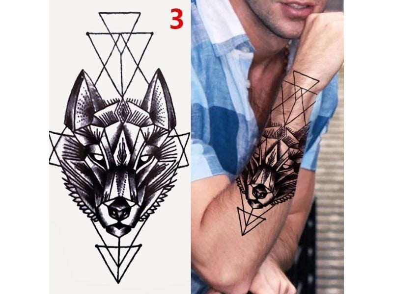 1PC Black Forest Tattoo Sticker For Men Women Tiger Wolf Death Skull Temporary Carousel 1