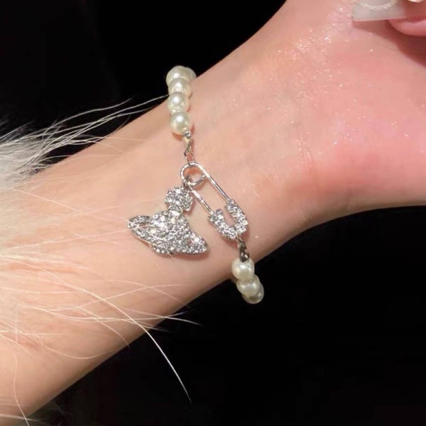Artificial Pearl Bracelet with Rhinestone Saturn and Safety Pin Accent Carousel 2