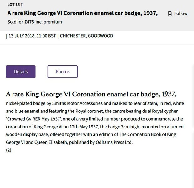 Extremely RARE Car Badge CORONATION of King GEORGE 6th & Queen Elizabeth 1937 Carousel 8