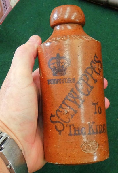 Antique SCHWEPPES Bourne Denby Stoneware GINGER BEER Bottle "Makers to The KING" Carousel 1